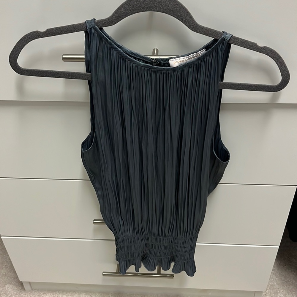 Grey silk tank top with cinched waist